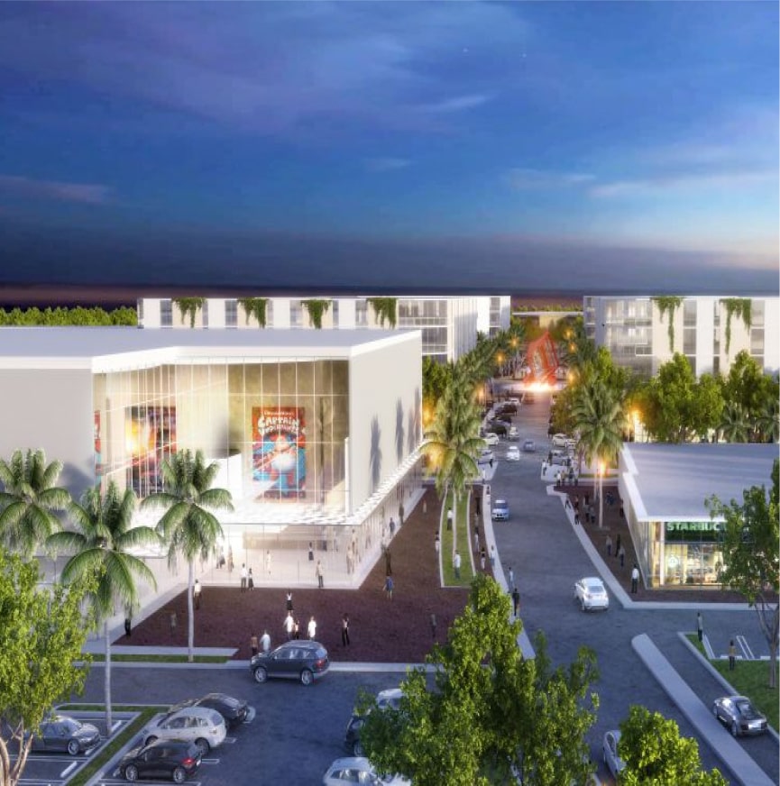 Evening view of modern urban complex with vibrant street life