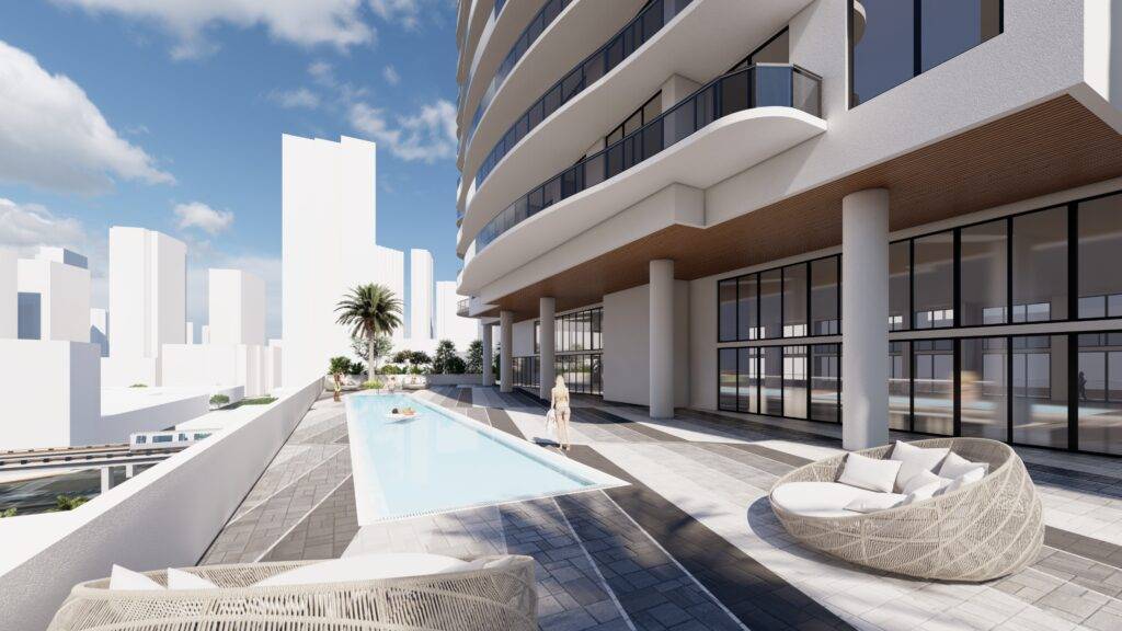 Luxury urban apartment with rooftop pool, modern architecture, and city skyline view.