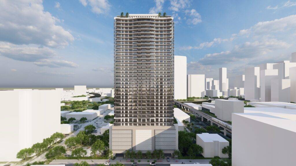 Modern high-rise building against a city skyline with blue skies.