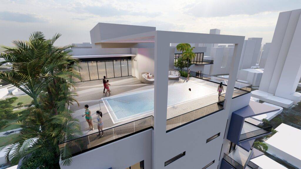 Rooftop pool on a modern white building with city views