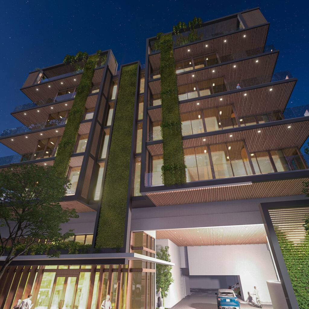 Eco-friendly modern building with vertical gardens at night