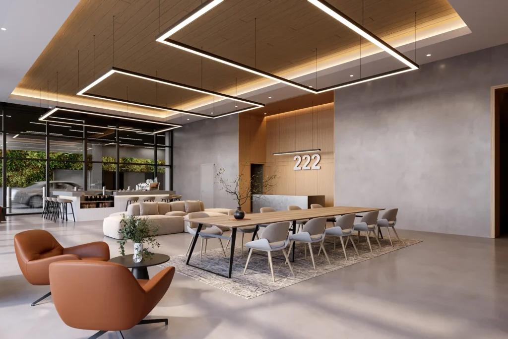 Modern office space design featuring sleek furniture and elegant lighting.