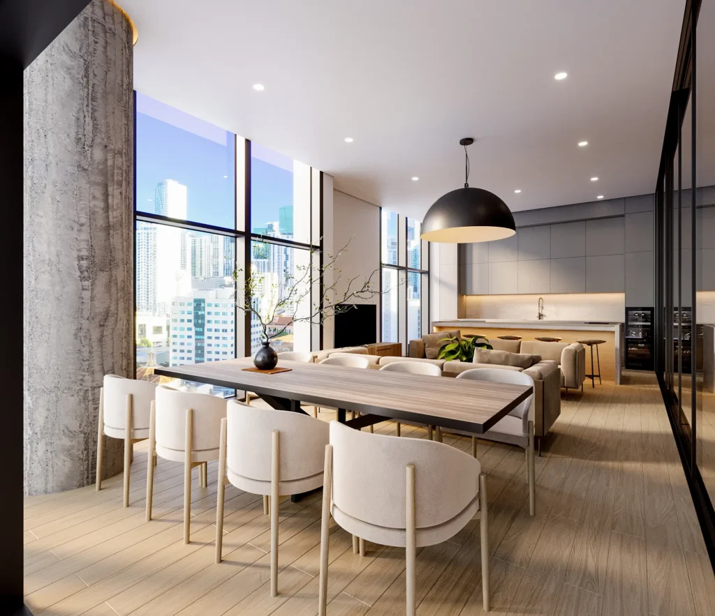 Modern urban apartment with sleek furniture and city views through large windows.