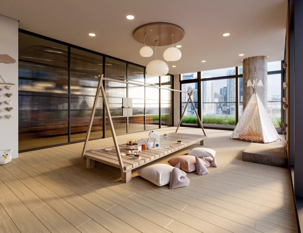 Cozy modern lounge with a wooden seating area, soft cushions, and a teepee by the window in a loft-style room.