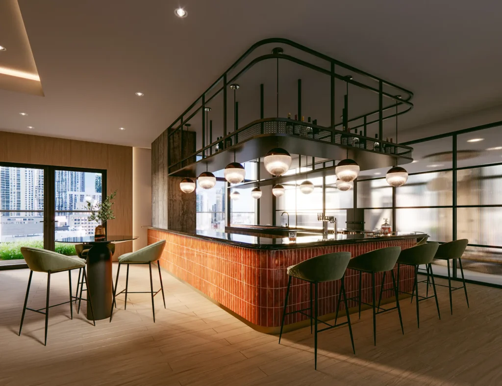 Modern urban bar with stylish seating and sleek lighting in an upscale setting.