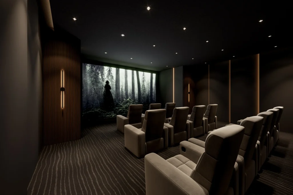 Luxurious home theater with plush seating and ambient lighting featuring a large forest-themed screen.