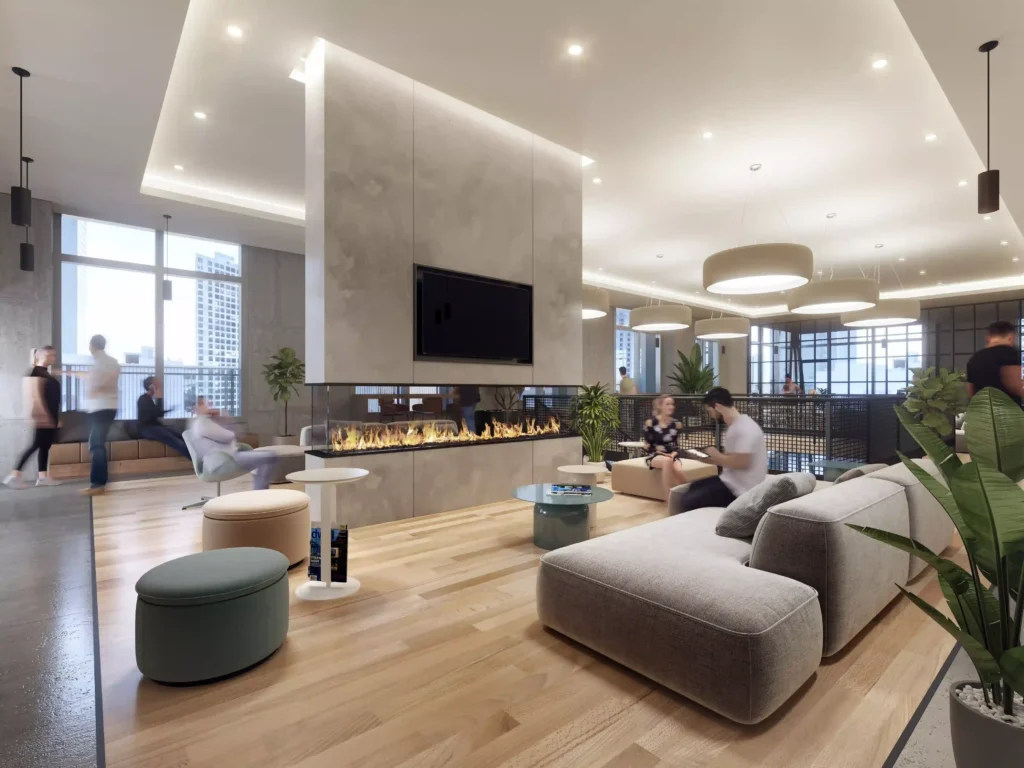 Modern living room with stylish furniture, central fireplace, and large windows.