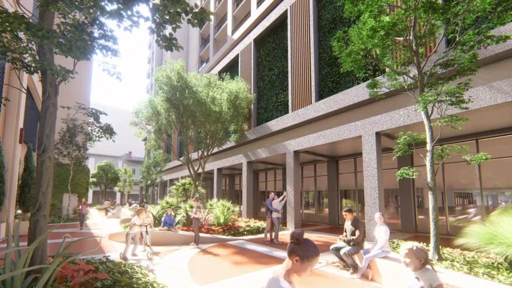 Urban residential courtyard with lush greenery and modern architecture.
