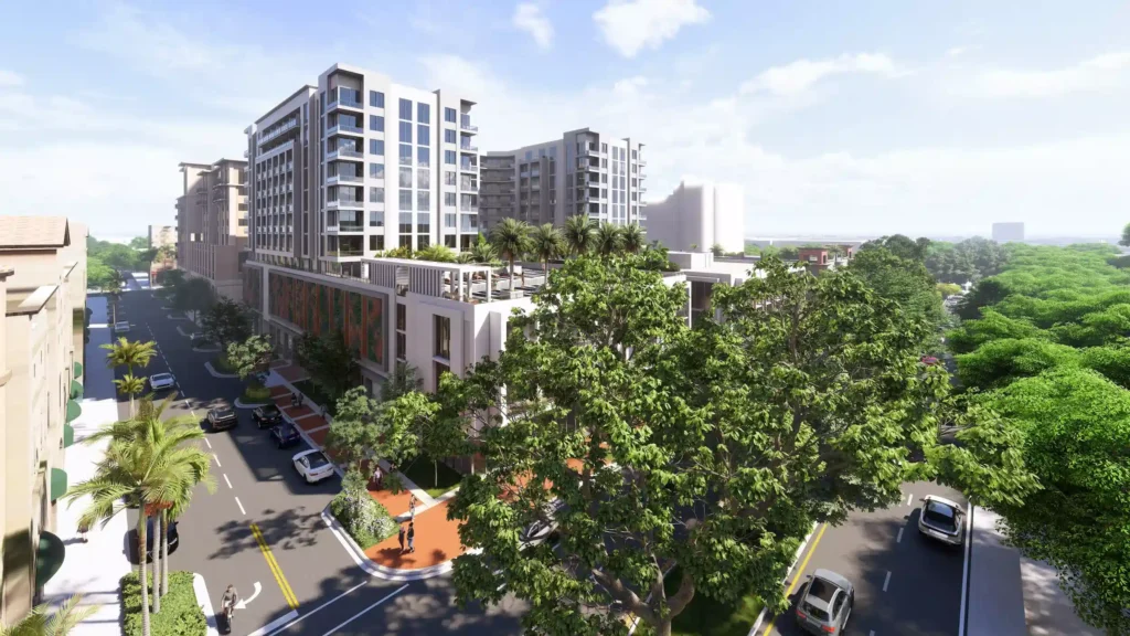 Modern urban architecture with high-rise buildings and lush greenery in a vibrant cityscape.