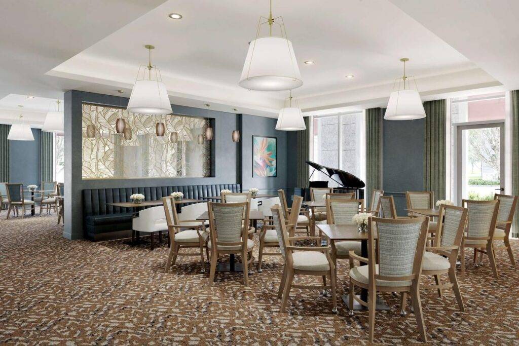 Elegant dining area with modern decor, featuring beige chairs, round tables, and a grand piano in the corner.
