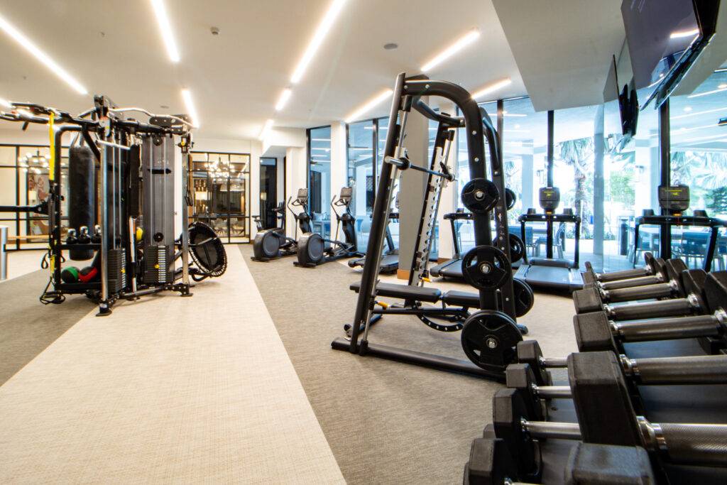 Modern gym interior featuring advanced exercise equipment, weight racks, and cardio machines in a well-lit space.