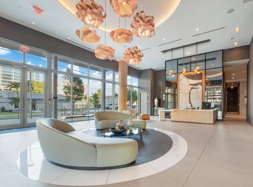 Luxurious lobby with modern furniture and artistic lighting