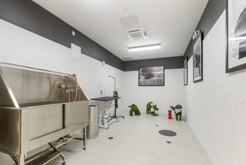 Modern dog wash station with stainless steel tub, faucets, and humorous dog decor.