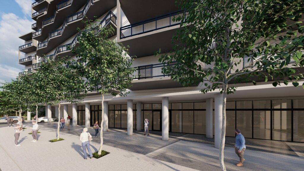 Modern urban apartment building with unique balconies and street-level retail shops.