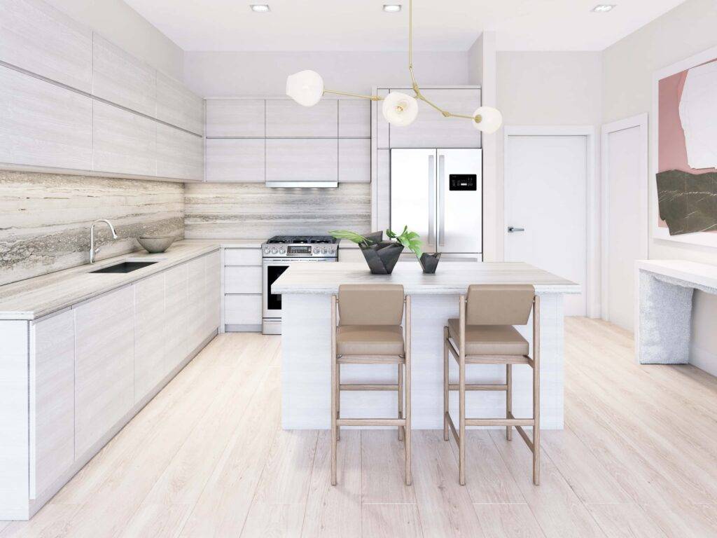 Modern minimalist kitchen with white cabinets, island seating, and stylish lighting.