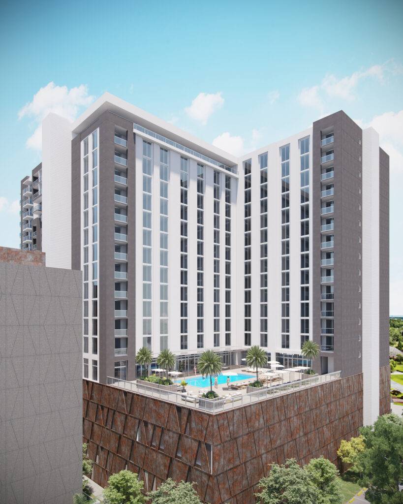 Modern high-rise apartment building with a rooftop pool and surrounding palm trees.