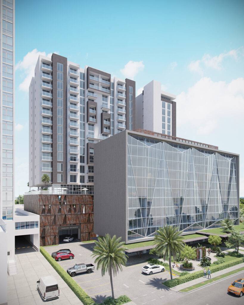 Modern skyscraper with glass façade and palm trees in a vibrant urban setting.