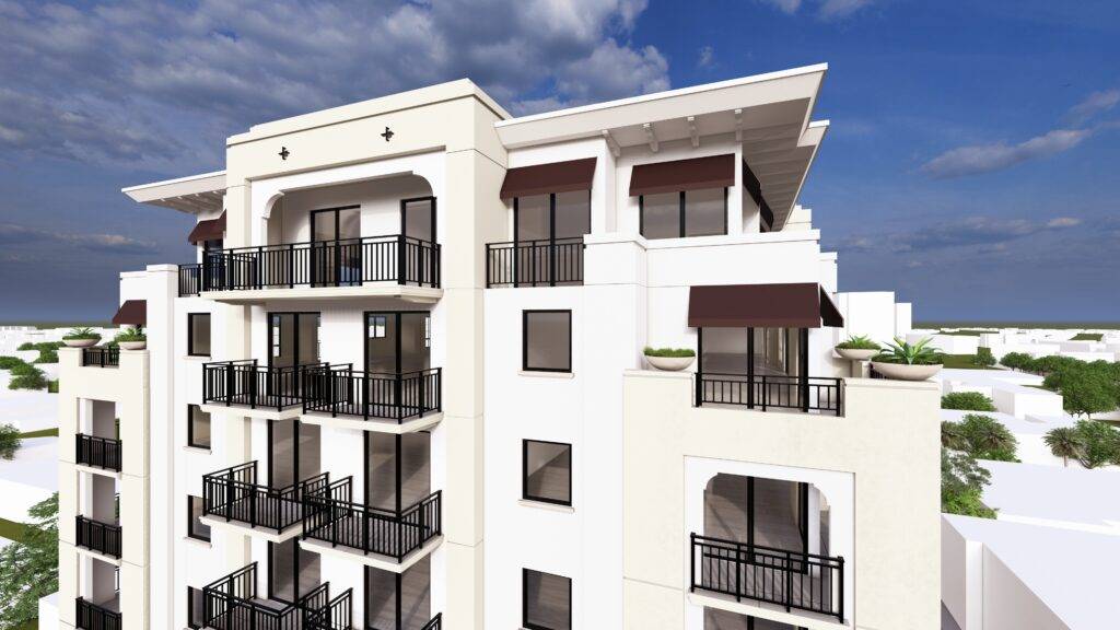 A modern white apartment building with balconies and awnings against a blue sky.