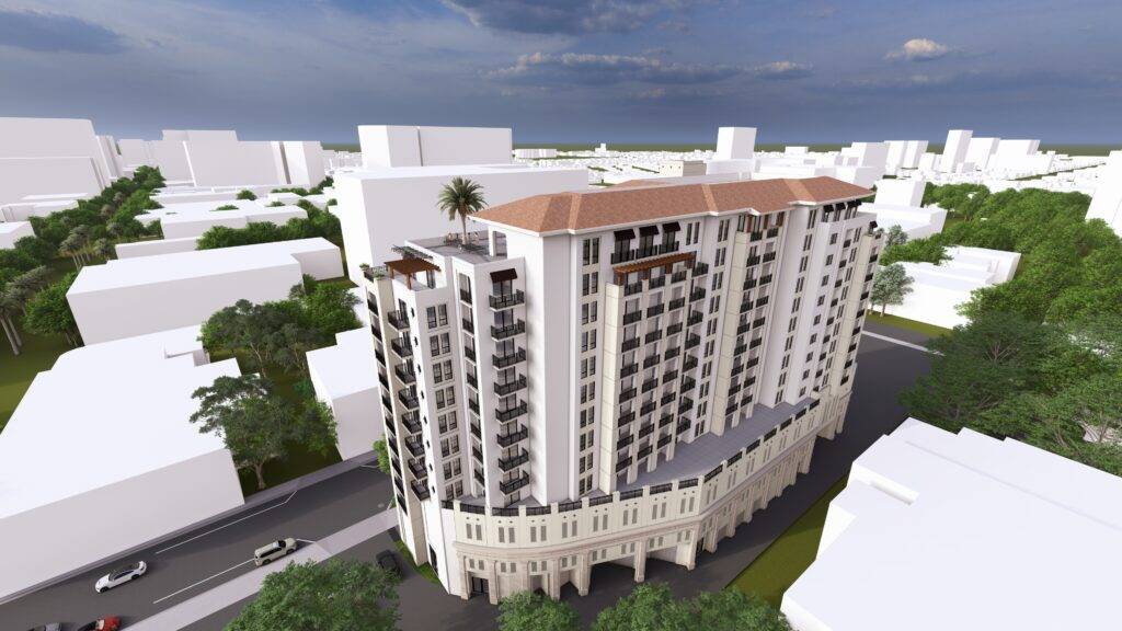 Modern apartment building with arched base and rooftop terraces surrounded by urban landscape.