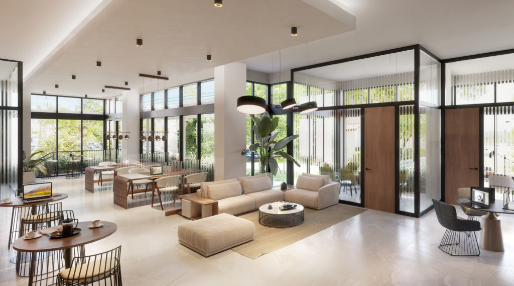 Modern business center with sleek furniture and large windows.