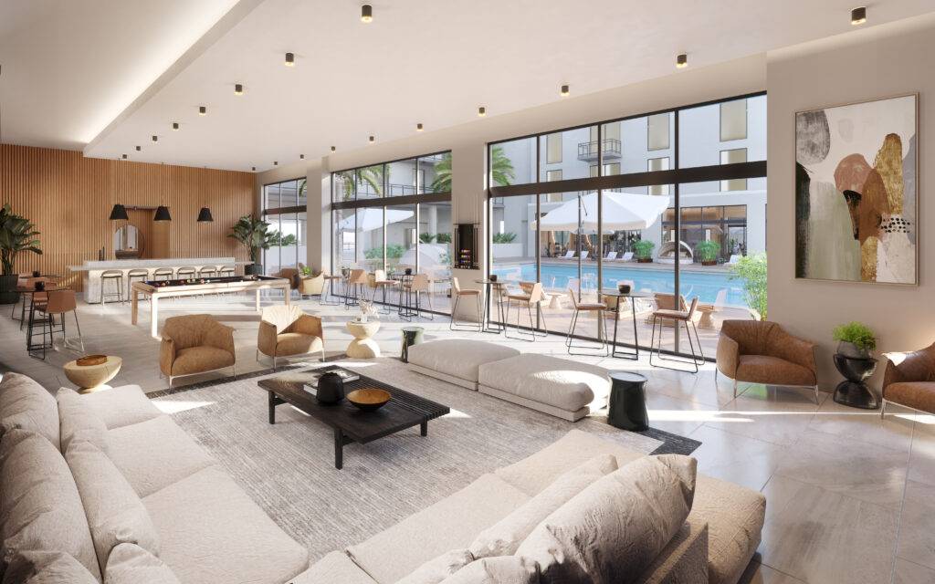 Modern club room with elegant seating and pool view.