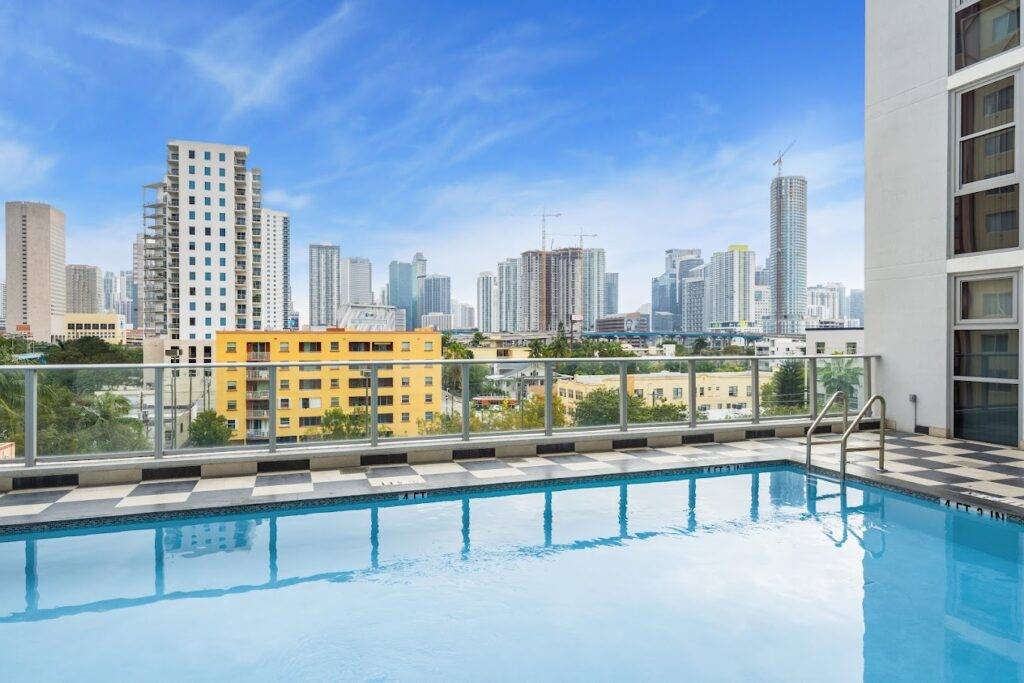 Rooftop pool with scenic view of modern city skyline under a clear blue sky.