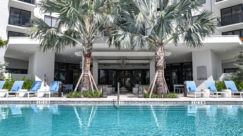 Luxury resort pool with palm trees and lounge chairs