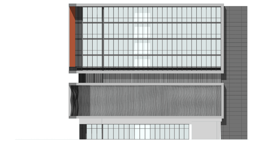 Modern architectural elevation with sleek glass facade and contrasting metal accents.