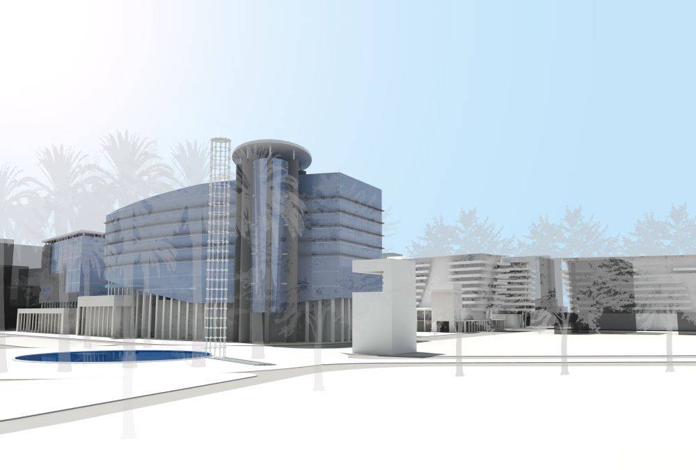 Modern architectural design of a futuristic building in Barranquilla with glass facades and sleek lines.
