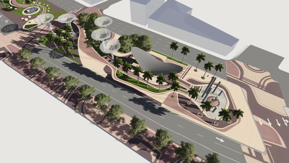 Aerial view of Biscayne Green urban park design with winding paths, palm trees, and modern architectural elements.
