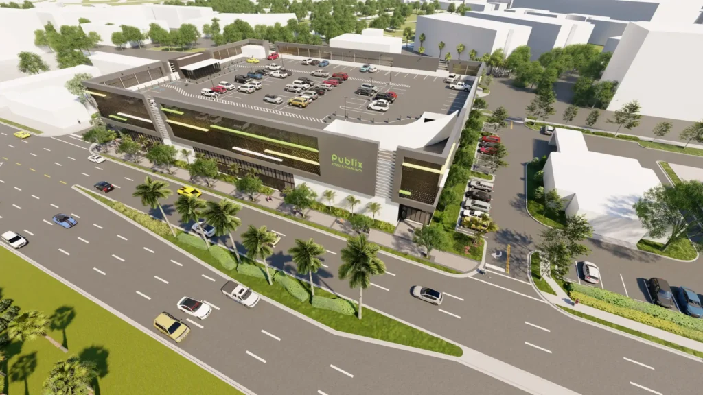 Aerial view of a Publix supermarket with rooftop parking in an urban area surrounded by palm trees and busy streets.