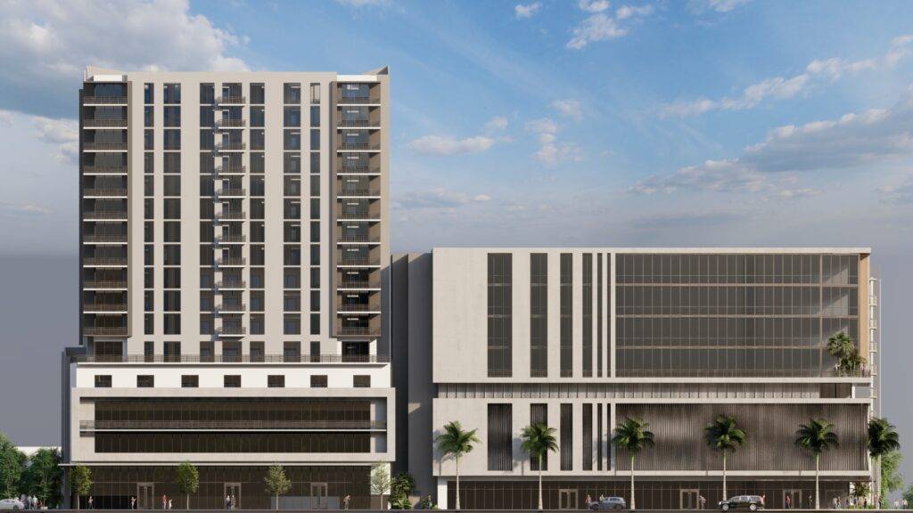 Modern architectural design of a dual-building complex against a blue sky.
