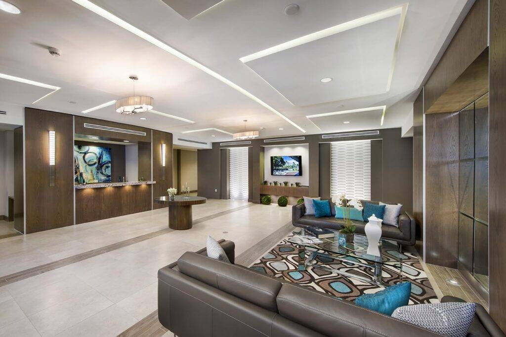 Modern apartment lobby with elegant decor and seating area