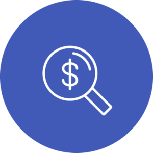 Magnifying glass with dollar sign on blue circular background.