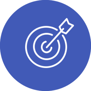 Blue circle with a white target and arrow symbol at the center.