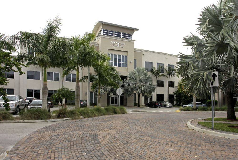 Modern office building with palm trees and a stone pathway