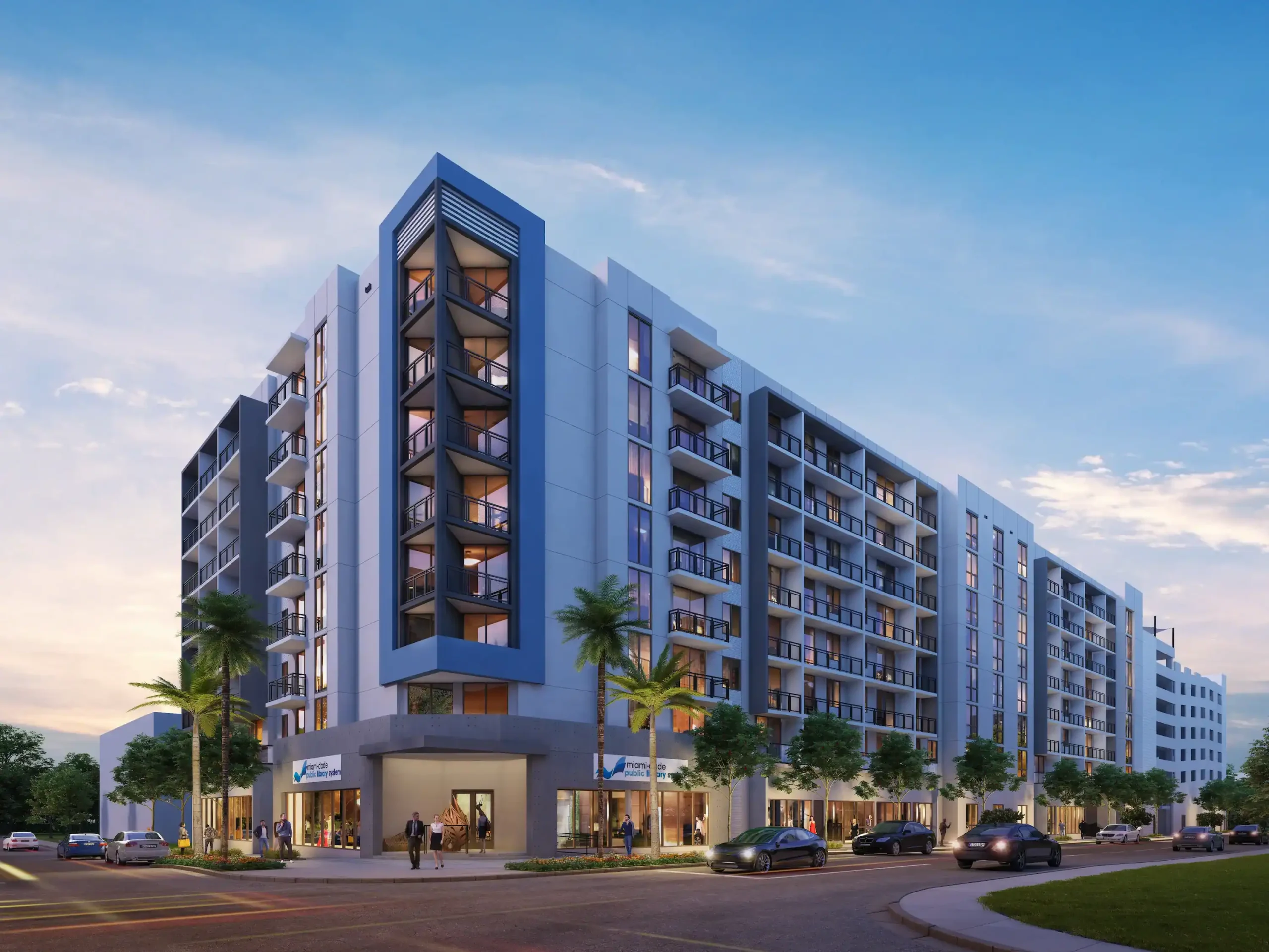 Modern apartment complex with sleek design in an urban setting