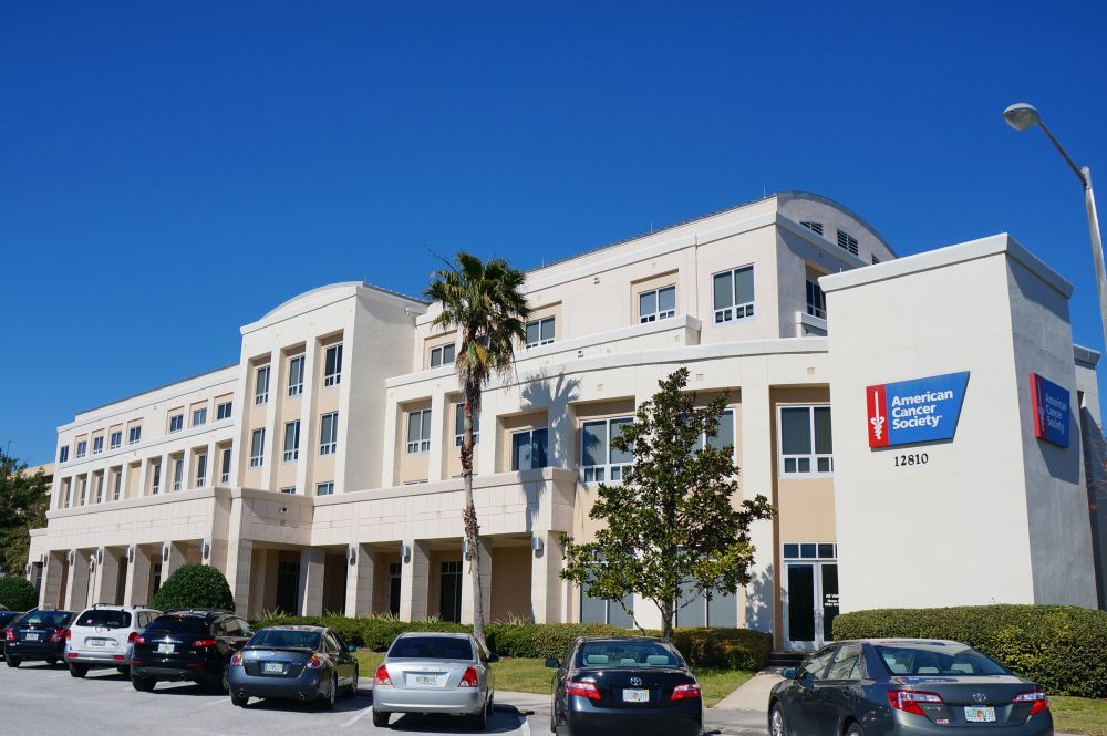 A modern educational building with palm trees and parked cars against a clear blue sky.