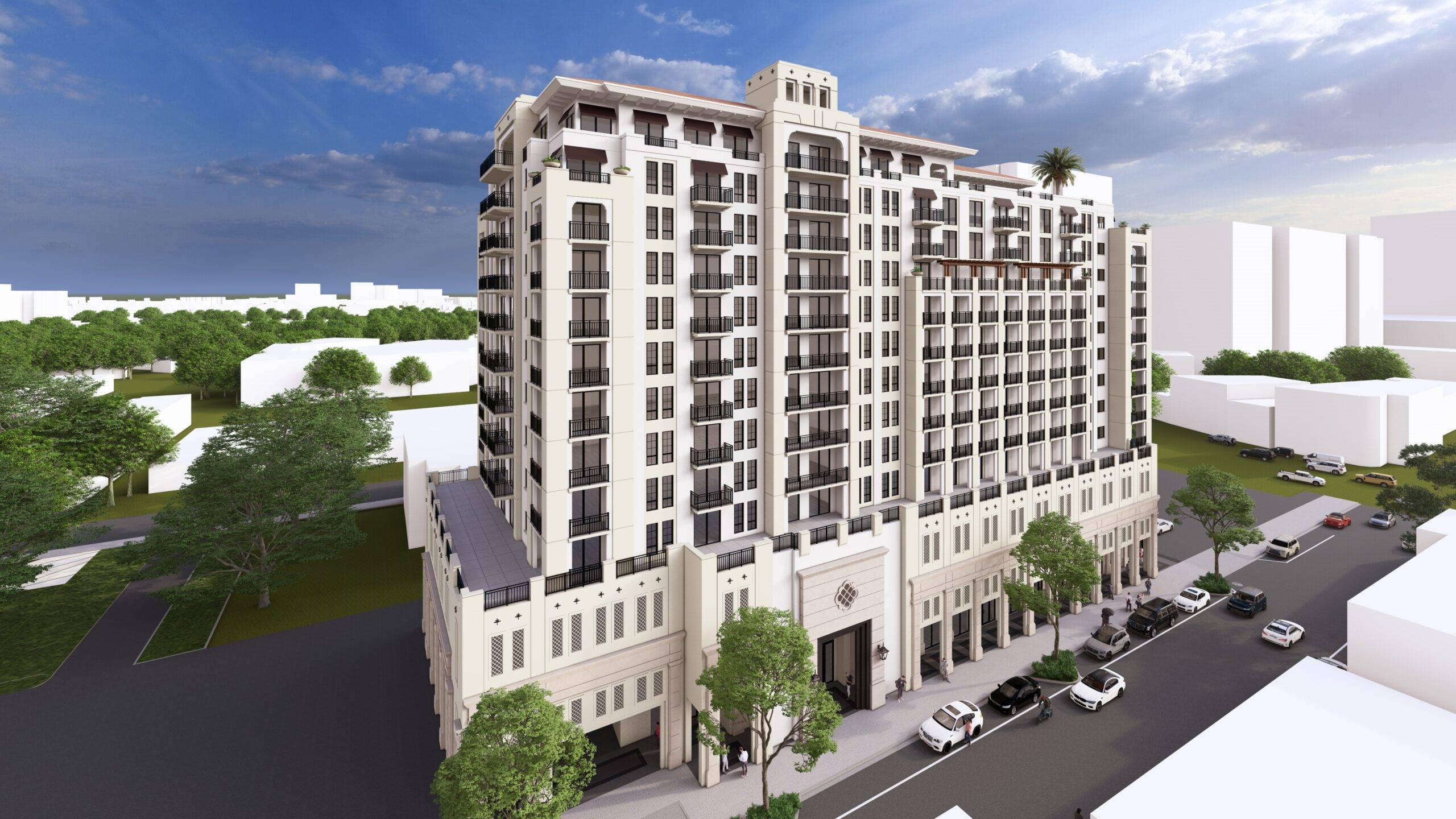 Modern high-rise building with elegant architecture and lush surroundings.