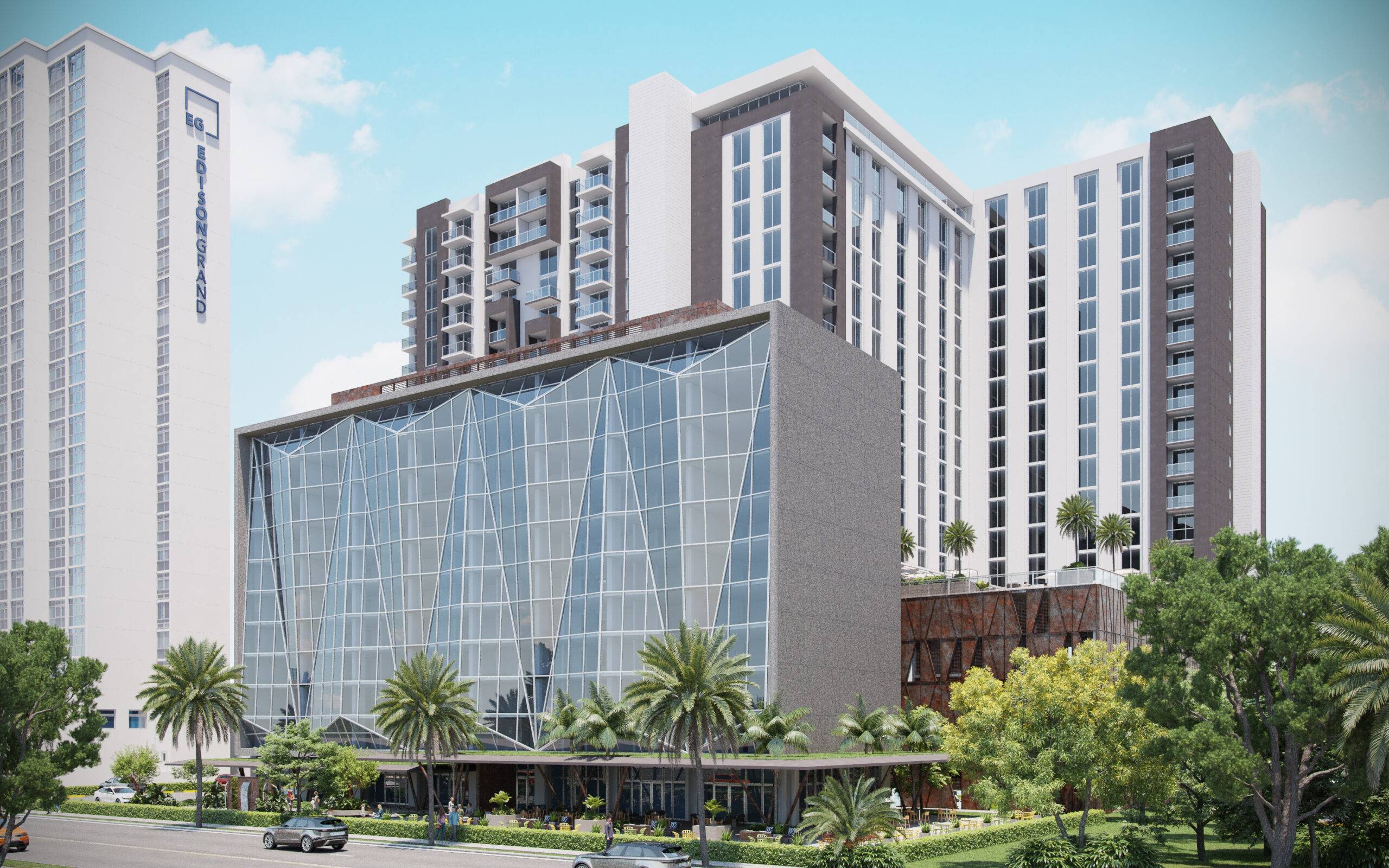 Modern urban apartment building with glass facade and palm trees.