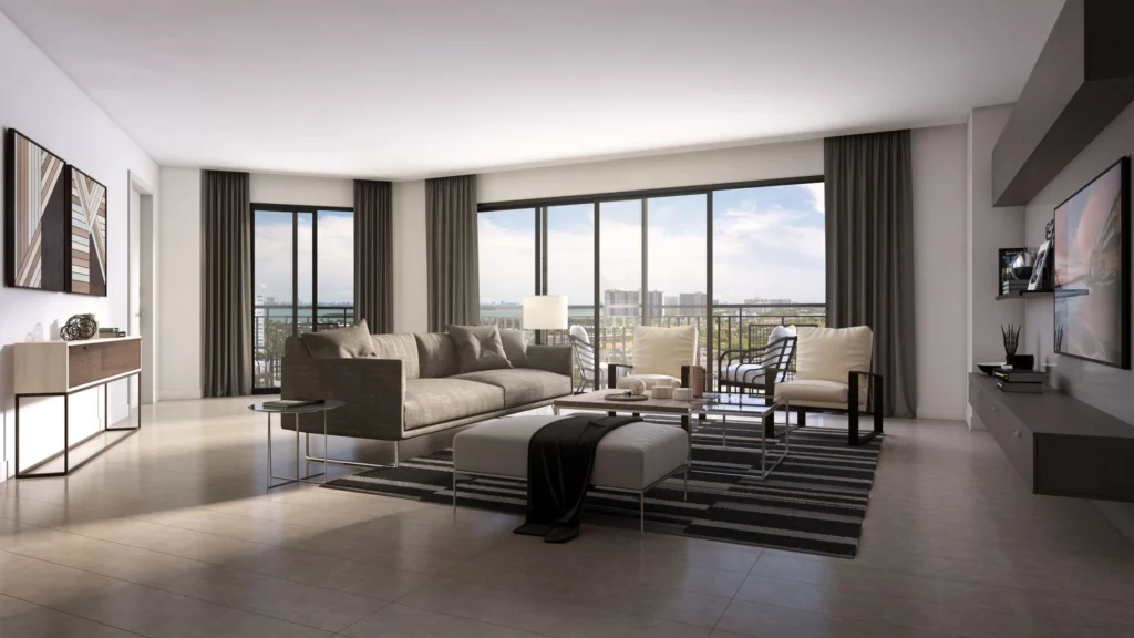 Spacious modern living room with floor-to-ceiling windows and elegant furniture.