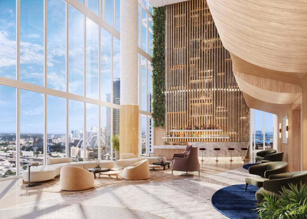 Luxurious modern lounge with panoramic city views, elegant seating, and a sophisticated design.