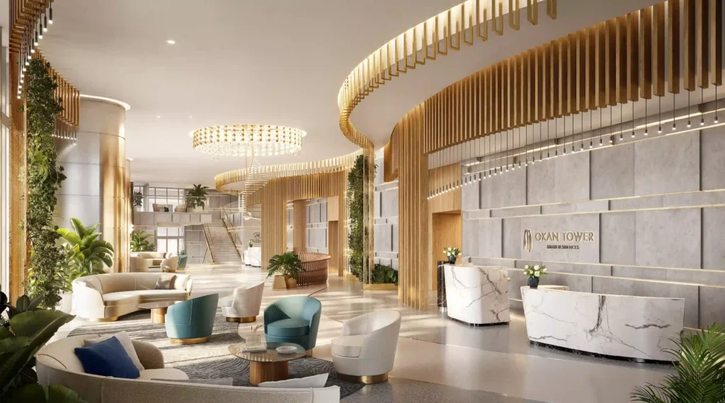 Luxurious lobby of Okan Tower featuring modern seating and elegant design.