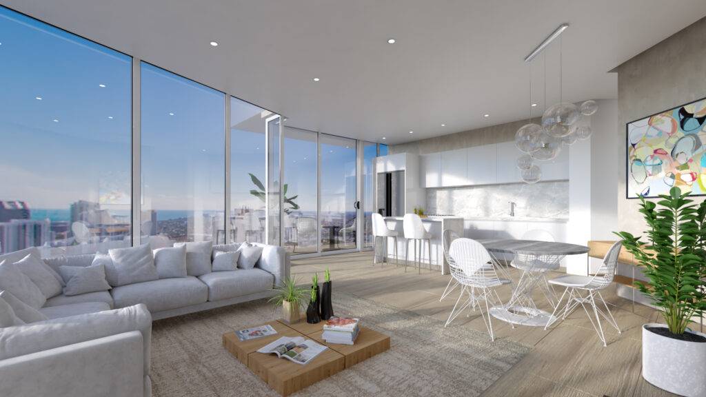 Luxury modern living space in a high-rise tower with panoramic city views.
