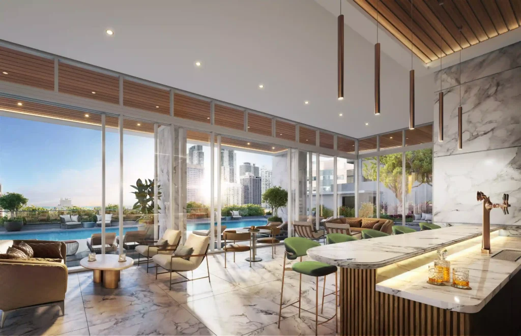 Modern luxury lounge with city views, featuring elegant seating and ambient lighting.