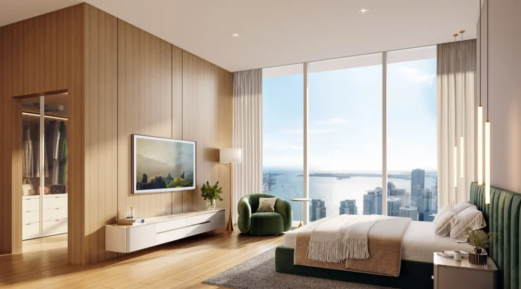 Luxurious modern bedroom with skyline view, featuring floor-to-ceiling windows and elegant decor.