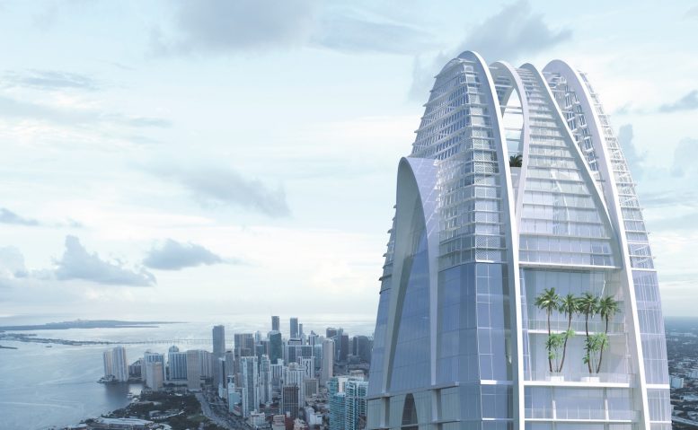 Futuristic skyscraper with lush vertical gardens against a cityscape backdrop.
