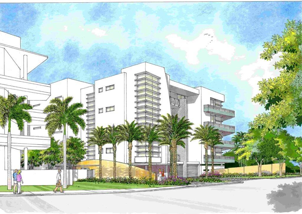 Architectural illustration of a modern white building with palm trees and a bright blue sky.