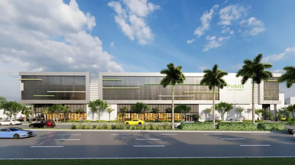 Modern supermarket with sleek architecture, surrounded by palm trees and a clear blue sky.