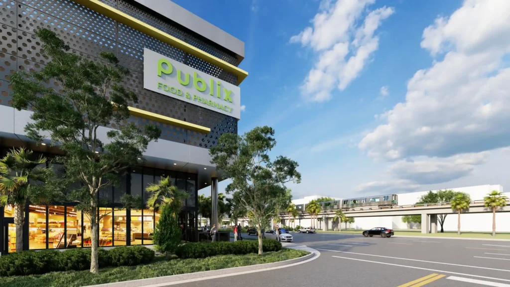 Exterior view of a modern Publix Supermarket with clear skies.